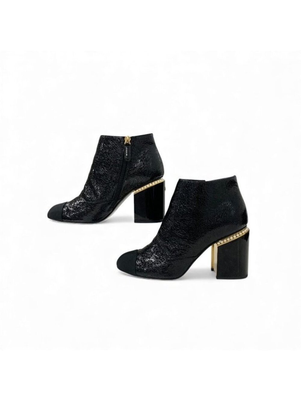Chanel Short Boots Shoes Leather Fabric Black Gold CC Logo Pearl - Picture 3 of 10